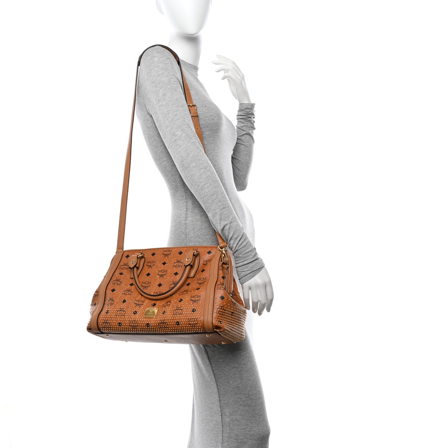 MCM Visetos Studded Boston Satchel Cognac 2 of 9