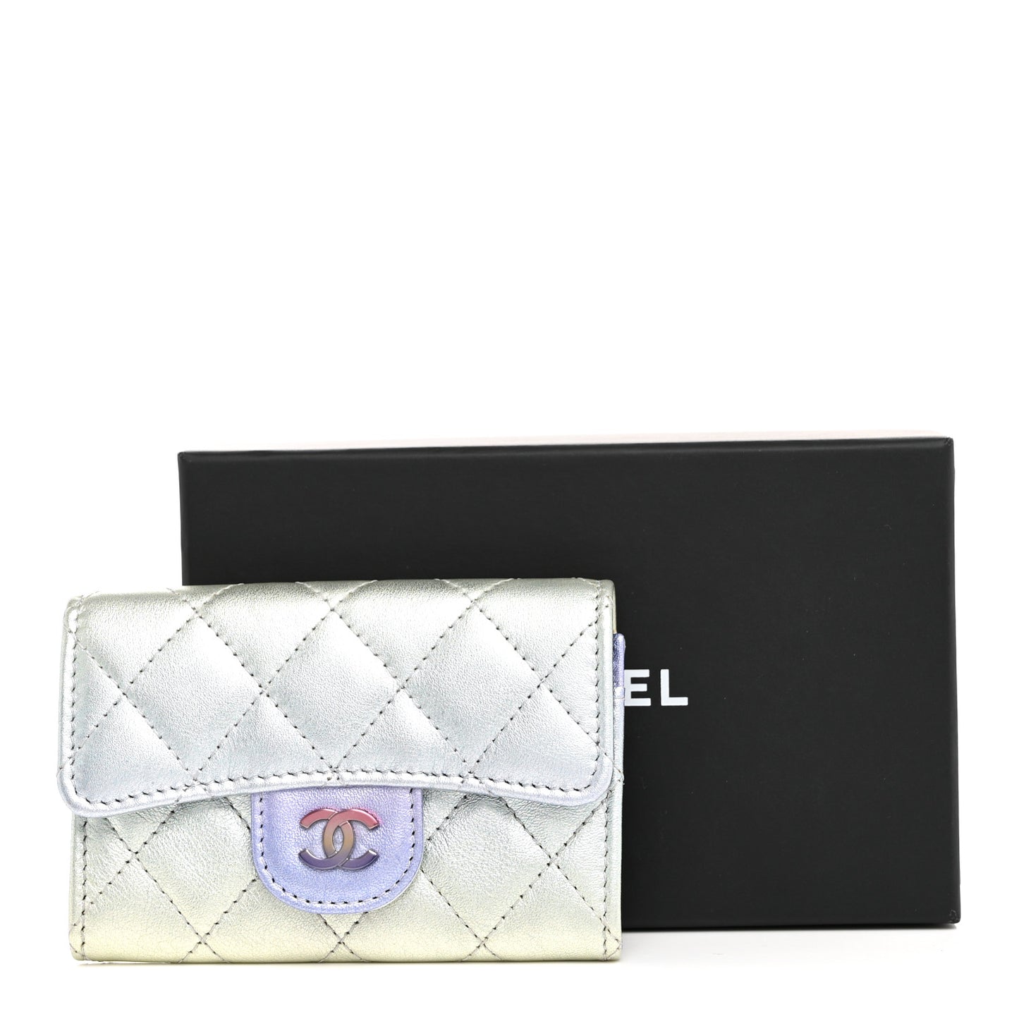 Gradient Metallic Calfskin Quilted Flap Card Holder Wallet Silver Blue Yellow Purple