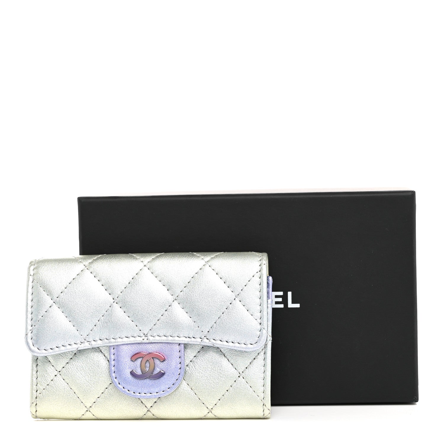 Chanel Gradient Metallic Calfskin Quilted Flap Card Holder Wallet Silver Blue Yellow Purple 9 of 9