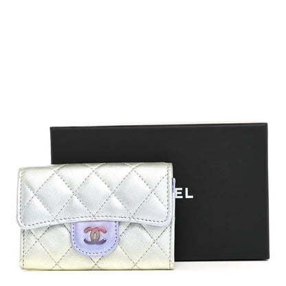Chanel Gradient Metallic Calfskin Quilted Flap Card Holder Wallet Silver Blue Yellow Purple 9 of 9