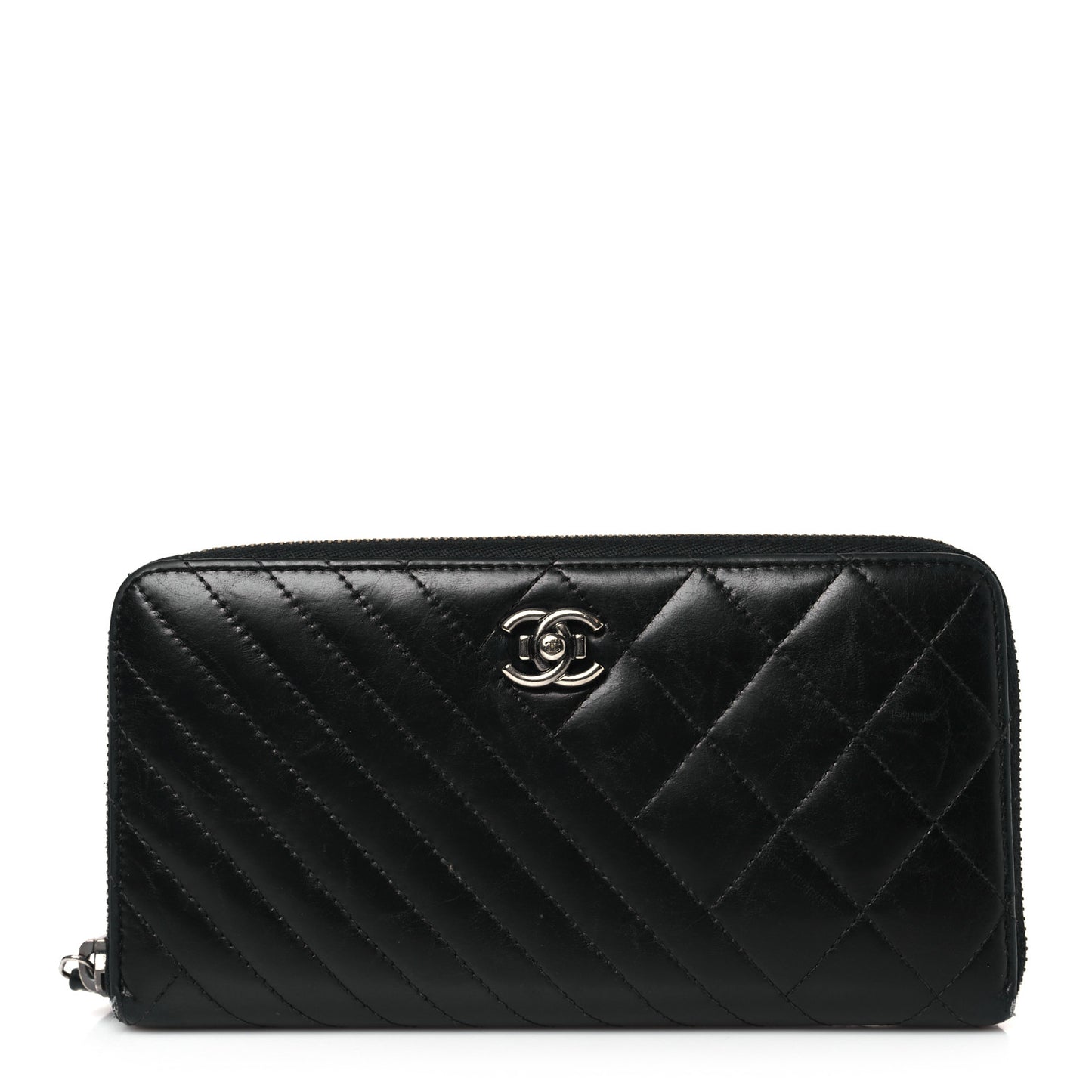 Glazed Calfskin Quilted Small Coco Boy Zip Around Wallet Black Black