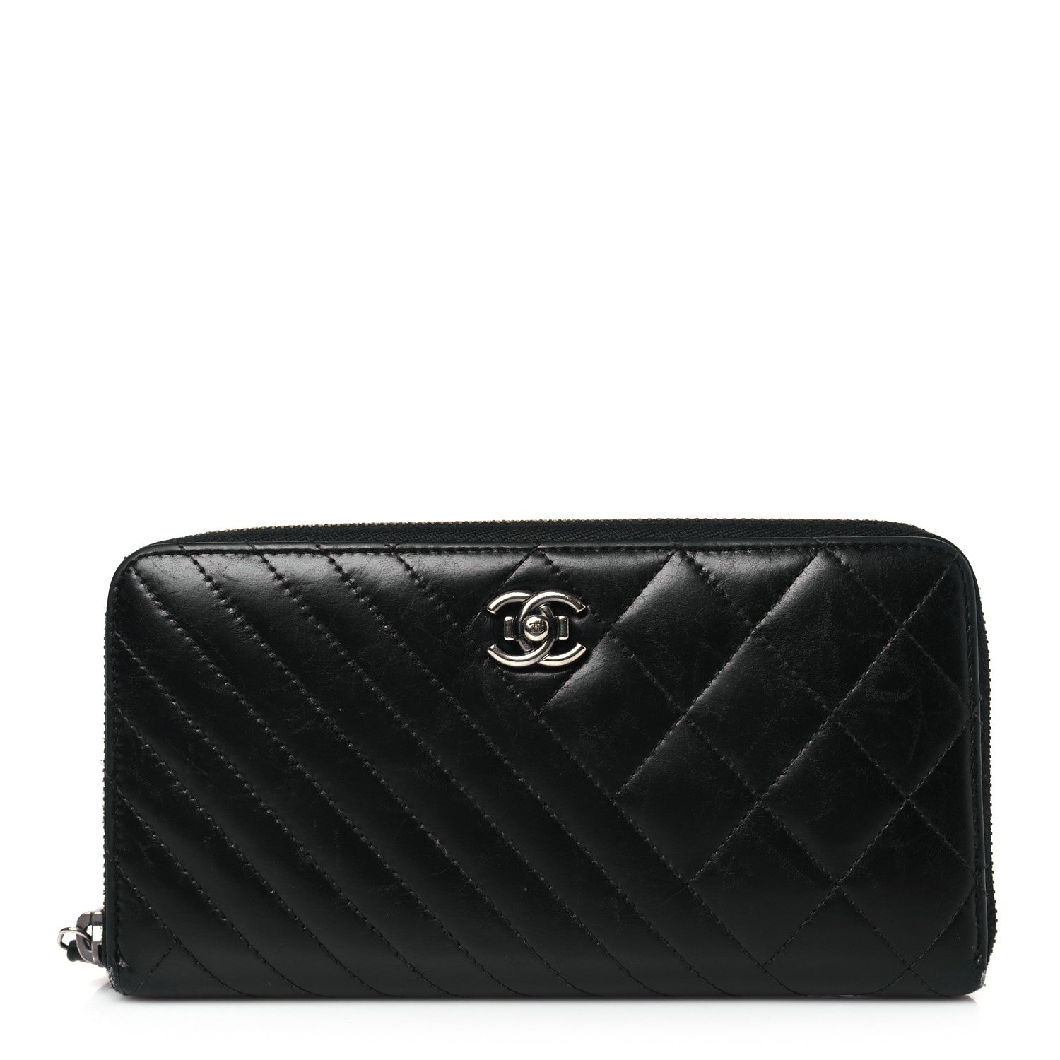 Chanel Glazed Calfskin Quilted Small Coco Boy Zip Around Wallet Black Black 1 of 8
