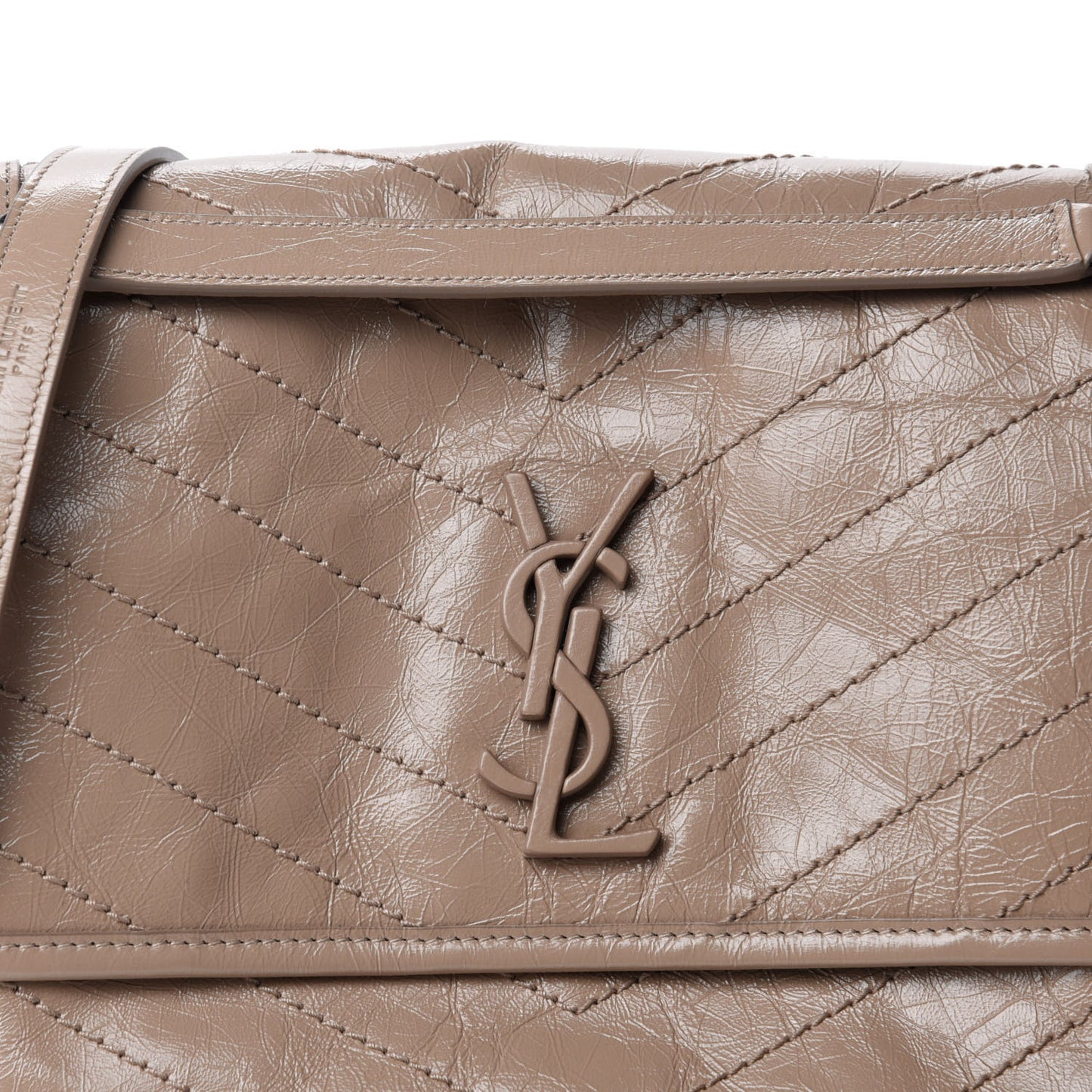 Crinkled Calfskin Matelasse Monogram Medium Niki Chain Satchel Light Taupe