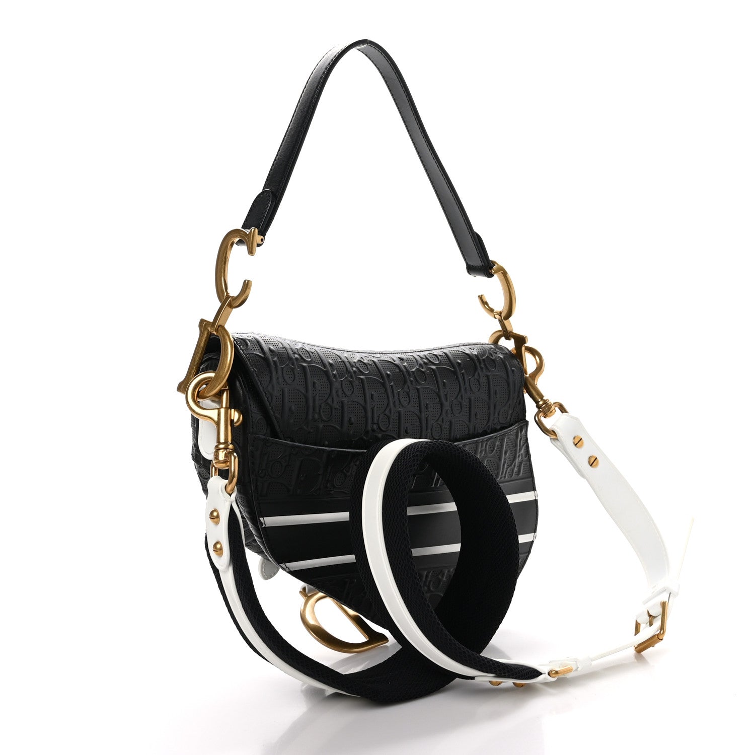 Christian Dior CHRISTIAN DIOR Calfskin Embossed Oblique Vibe Saddle Bag With Strap Black White 3 of 9