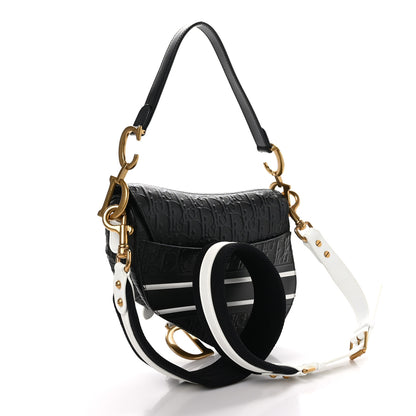 Christian Dior CHRISTIAN DIOR Calfskin Embossed Oblique Vibe Saddle Bag With Strap Black White 3 of 9