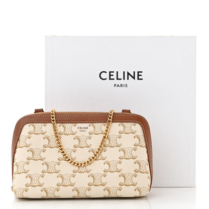 Celine Lambskin Triomphe Canvas Clutch With Chain White Tan 11 of 11