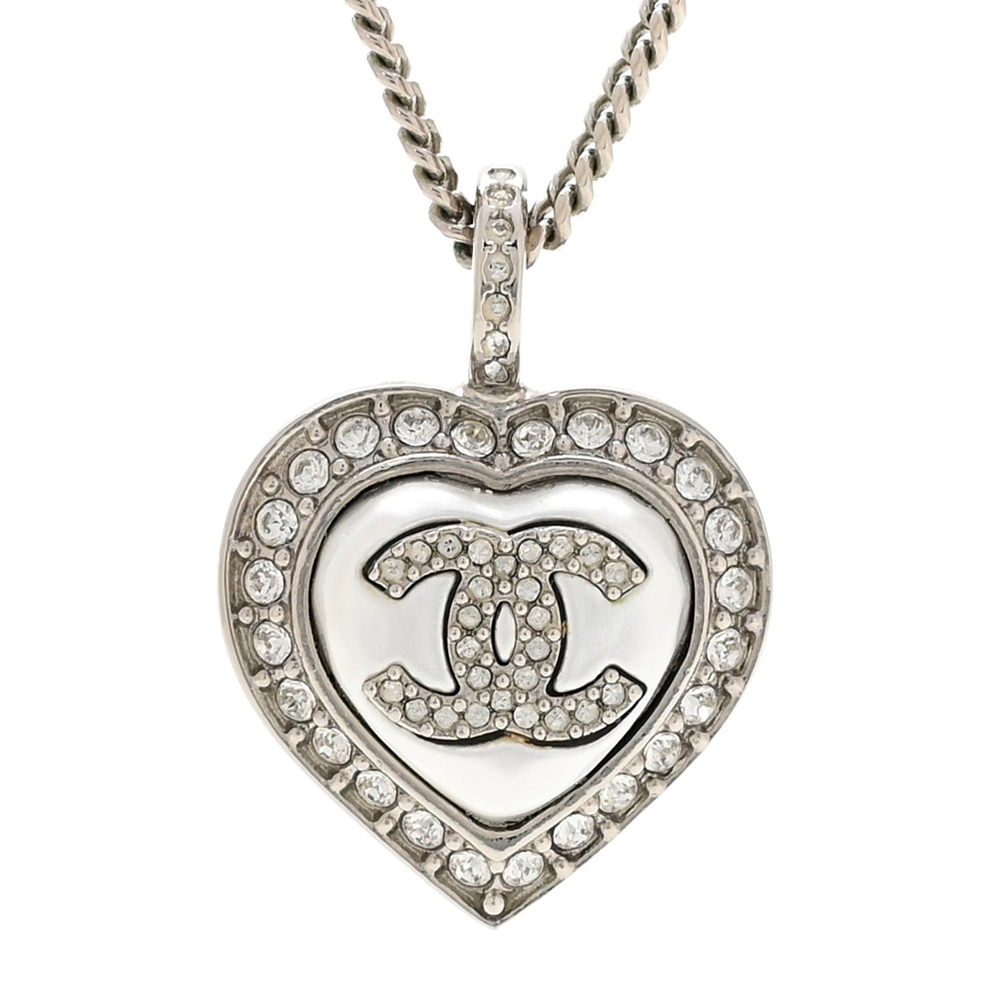 Crystal Pearl CC Heart Necklace Silver