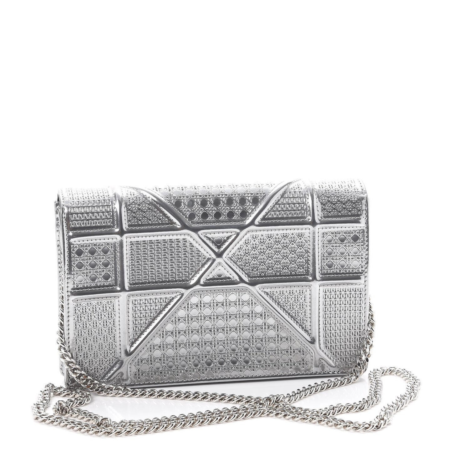 Metallic Patent Micro-Cannage Diorama Wallet on Chain Pouch Silver
