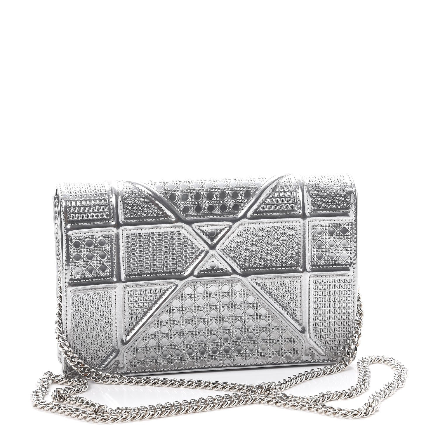 Christian Dior Metallic Patent Micro-Cannage Diorama Wallet on Chain Pouch Silver 3 of 10