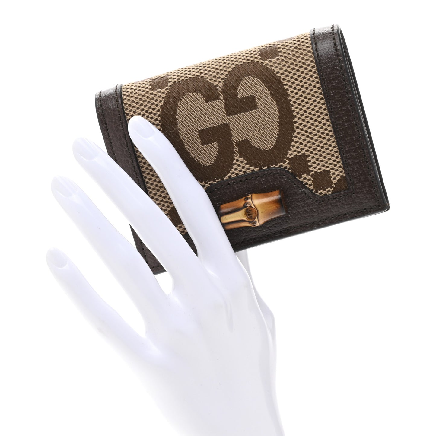 Monogram Jumbo GG Textured Dollar Calfskin Diana Card Case Wallet Camel Ebony New Acero