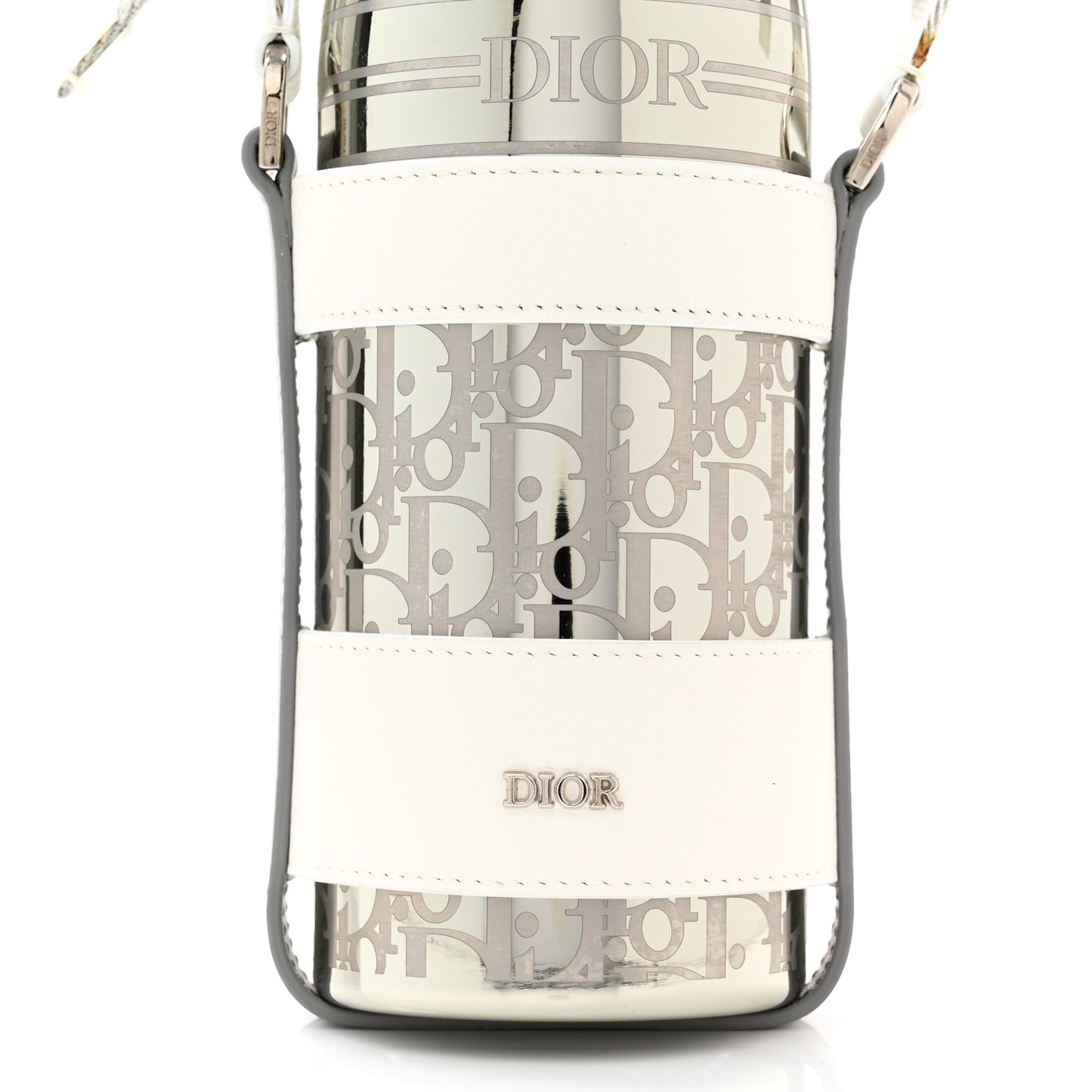 Oblique Stainless Steel Grained Calfskin Aqua Bottle With Shoulder Strap Off White