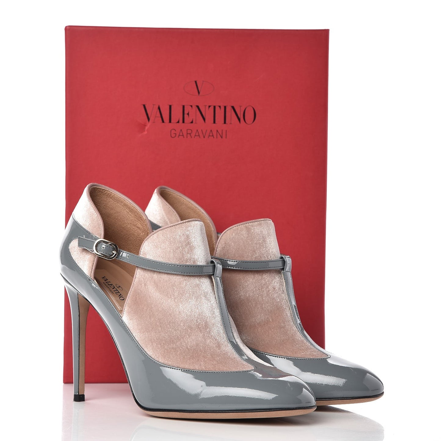Patent Velvet T Bar Pumps 39 Grey Pink