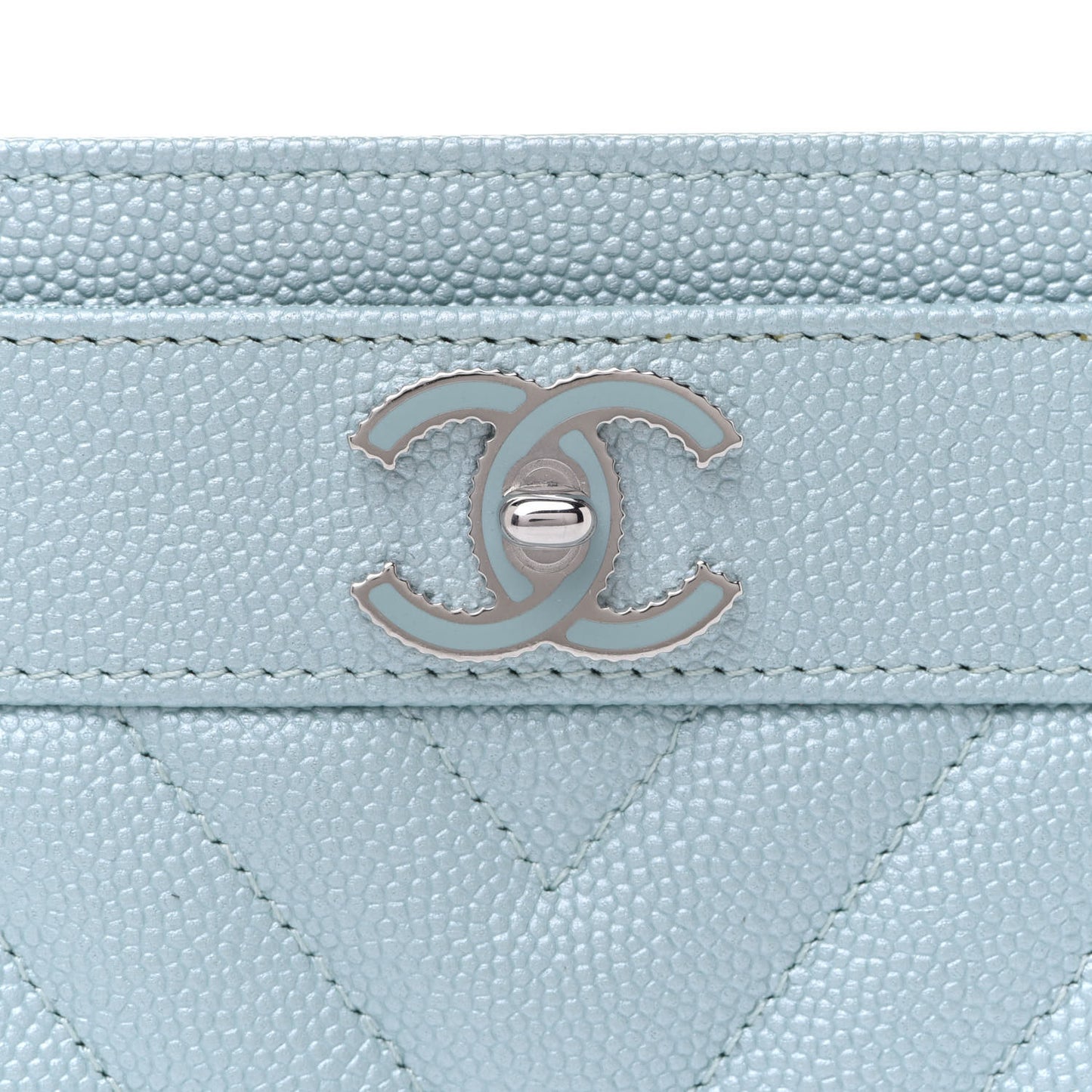 Metallic Caviar Chevron Quilted Vintage Mademoiselle Card Holder Light Blue