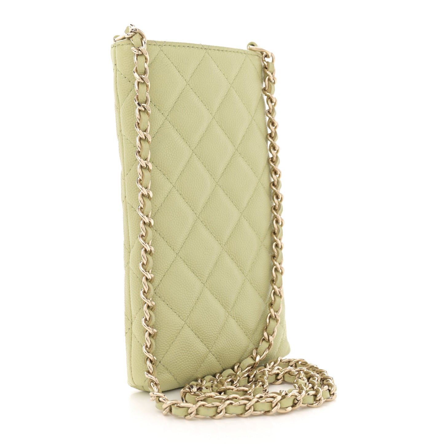 Caviar Quilted French New Wave Phone Holder With Chain Light Green
