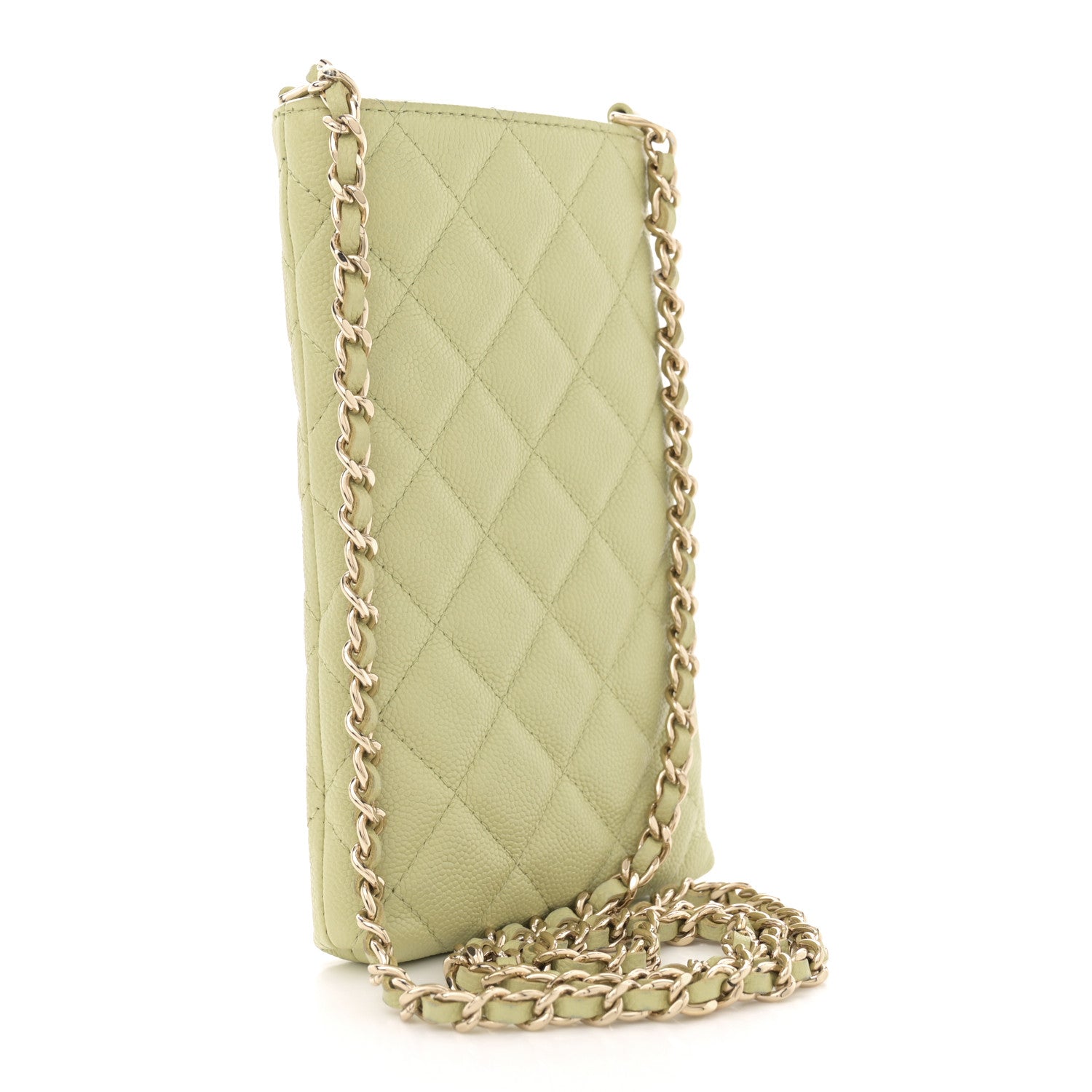 Chanel Caviar Quilted French New Wave Phone Holder With Chain Light Green 2 of 11