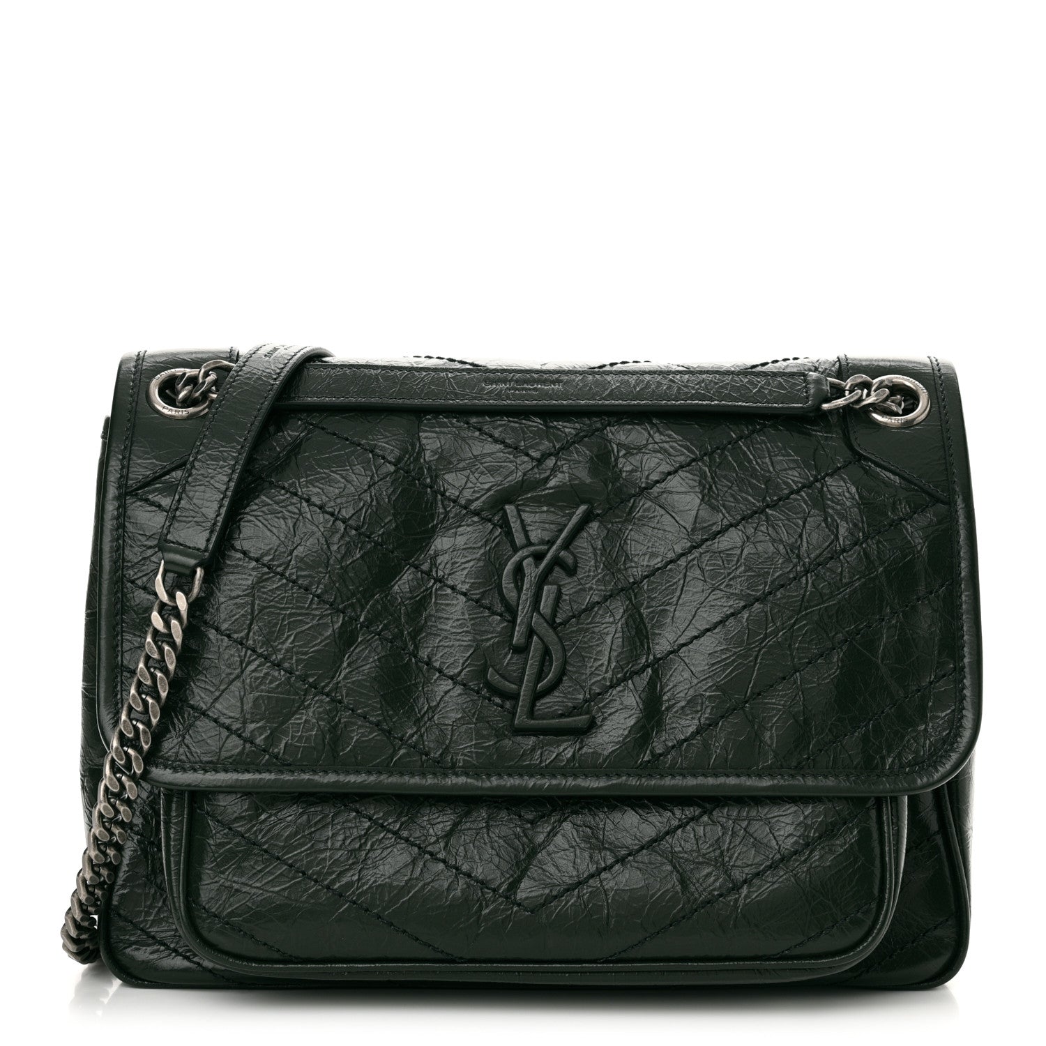 Saint Laurent Crinkled Lambskin Matelasse Monogram Medium Niki Chain Satchel Dark Green 1 of 10