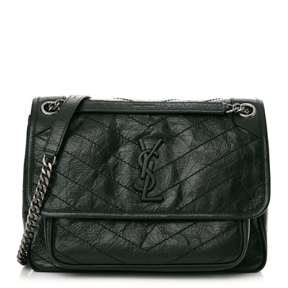 Saint Laurent Crinkled Lambskin Matelasse Monogram Medium Niki Chain Satchel Dark Green 1 of 10