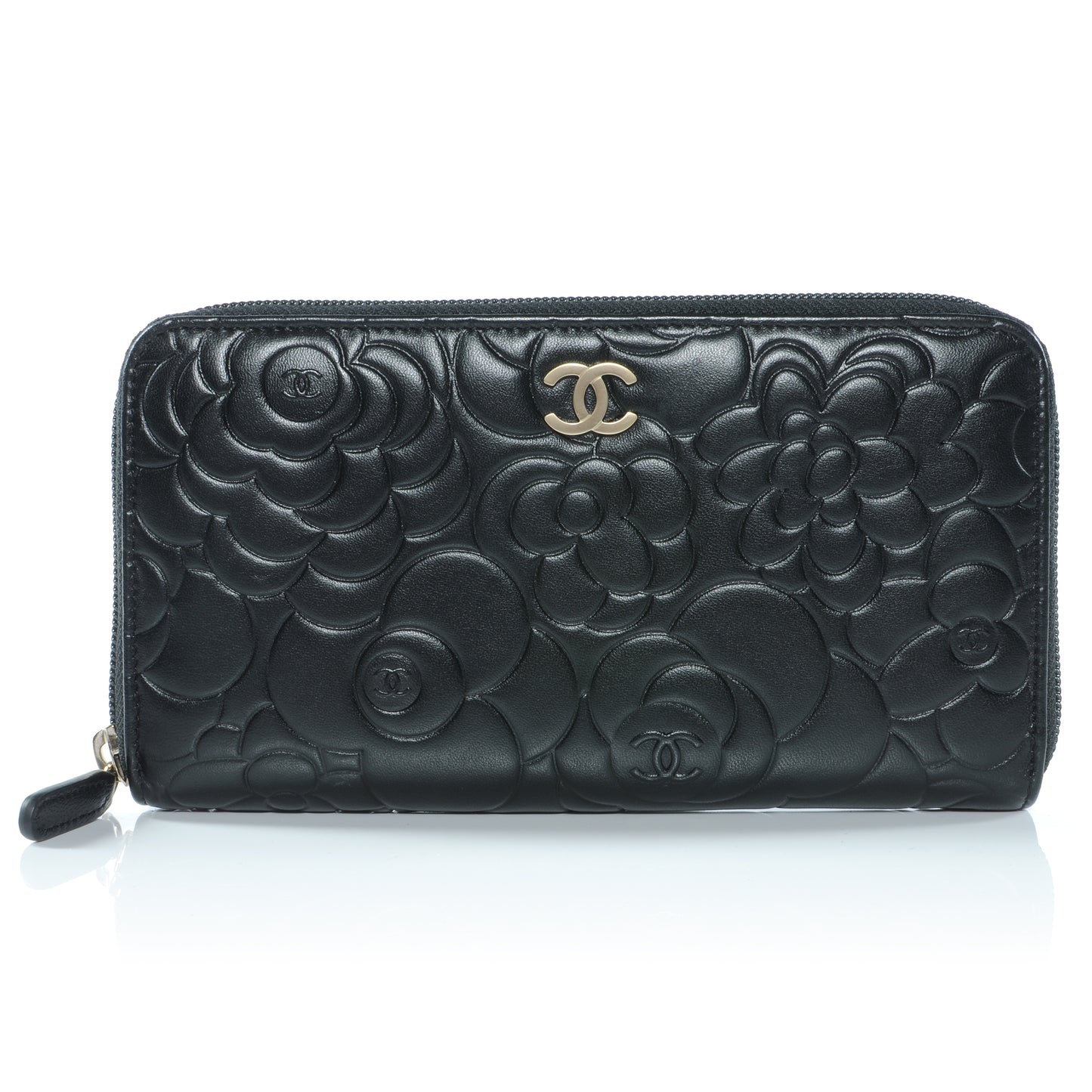 Lambskin Camellia Embossed Large Zip Around Gusset Wallet Black