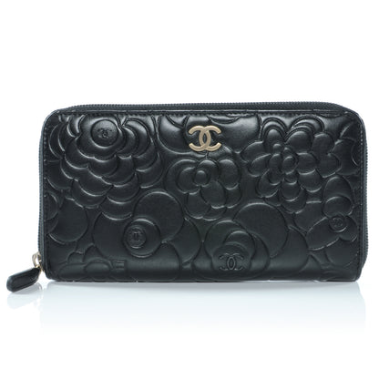 Chanel Lambskin Camellia Embossed Large Zip Around Gusset Wallet Black 1 of 9