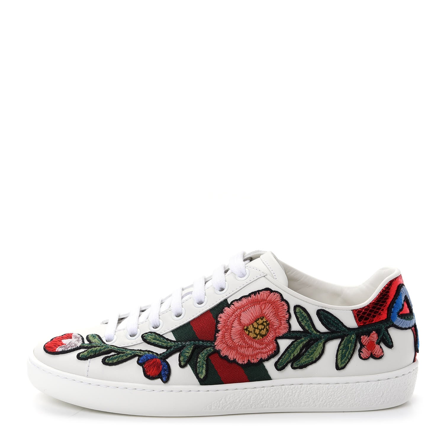 Gucci Calfskin Web Floral Embroidered Womens Ace Sneakers 35 White 1 of 10