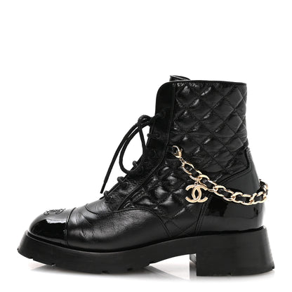Chanel Shiny Calfskin Patent Quilted Chain Lace Up Combat Boots 40 Black 1 of 9