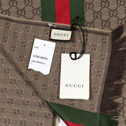 Gucci Wool Silk GG Monogram Web Verbier Fringe Scarf Light Brown Dark Green 4 of 5