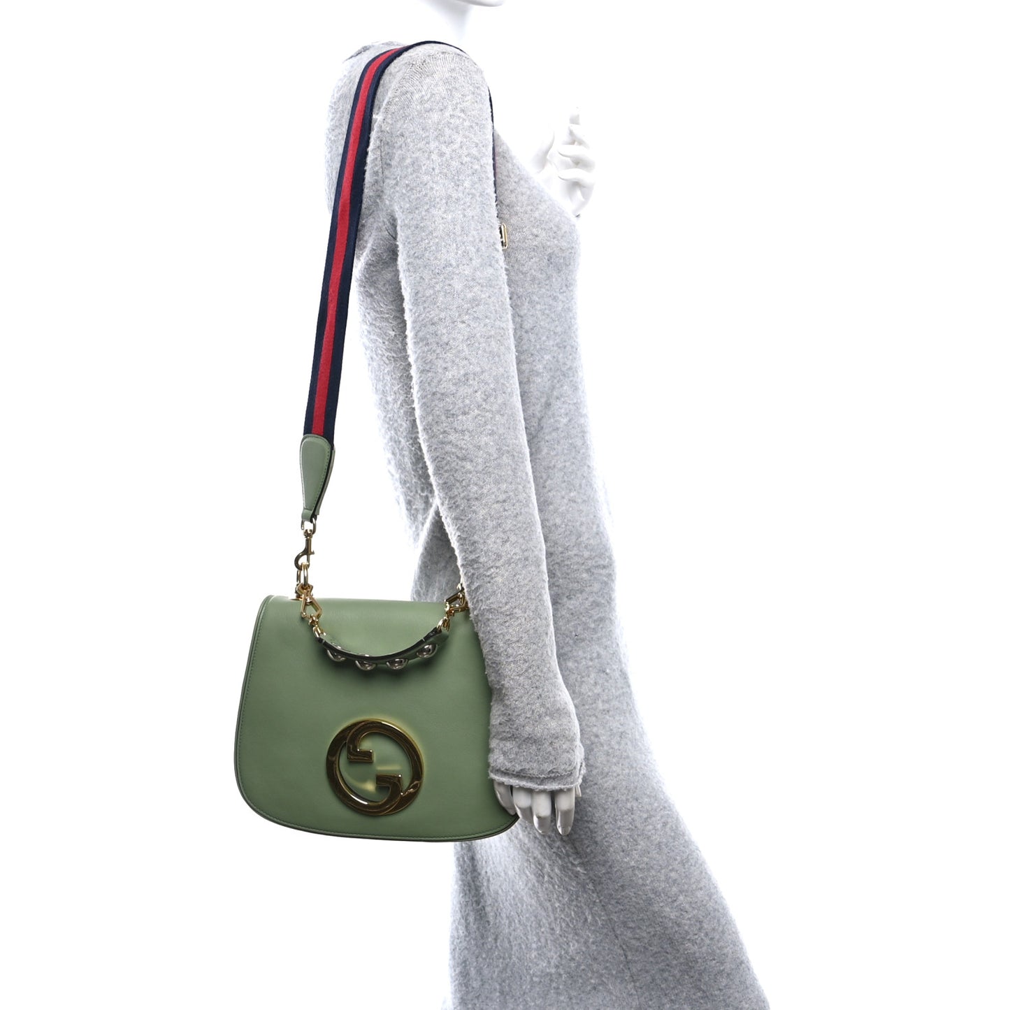 Roxy Calfskin Web Medium Blondie Top Handle Shoulder Flap Bag Salamander Green