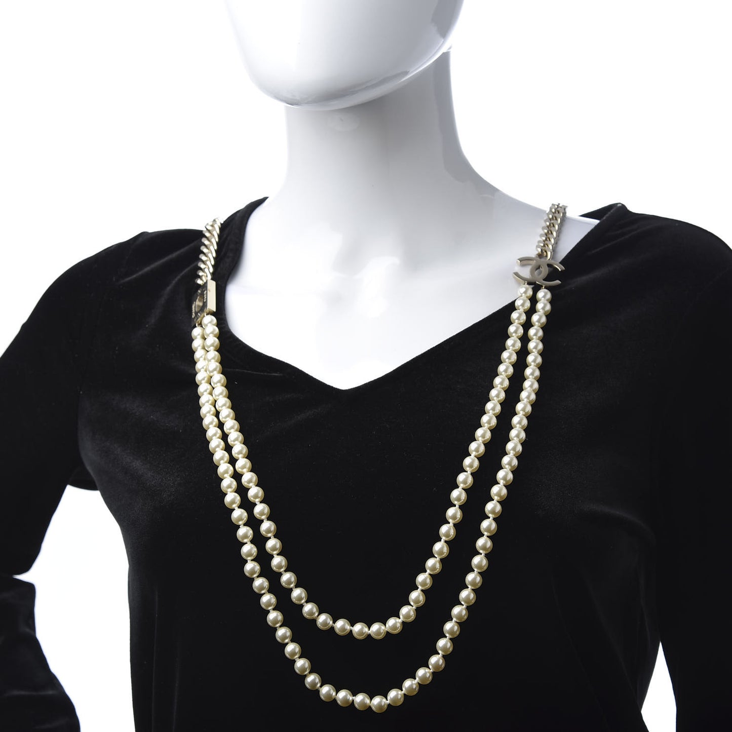 Pearl Chain CC Long Necklace Gold