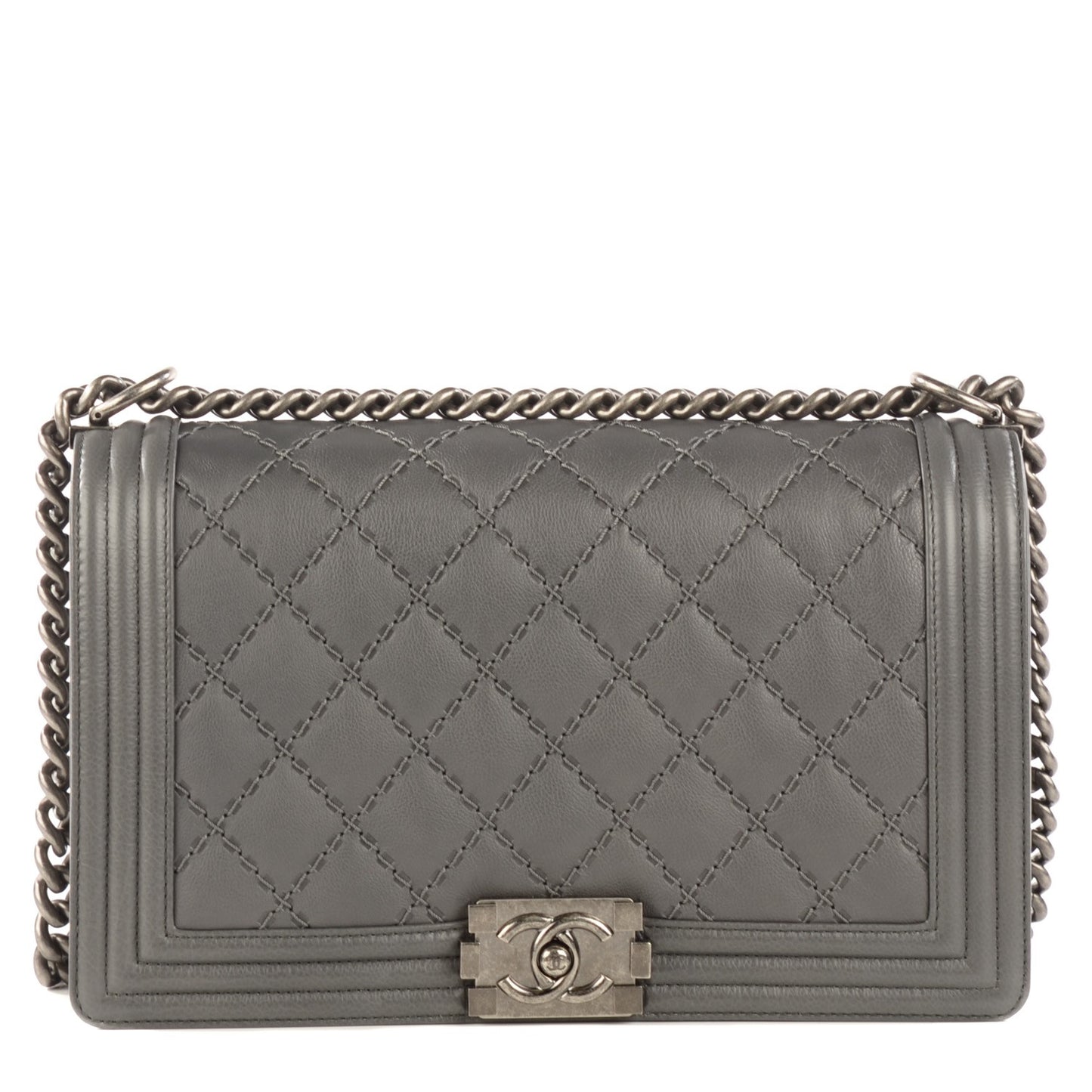 Calfskin Double Stitch New Medium Boy Flap Grey