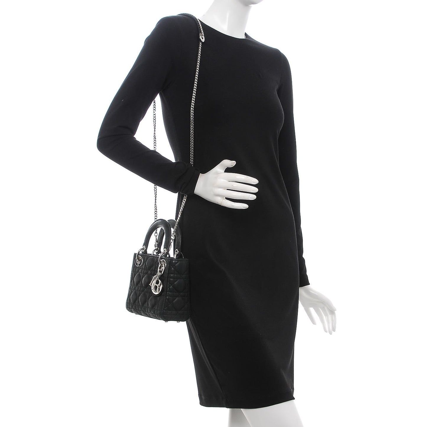 Metallic Calfskin Cannage Mini Lady Dior Black