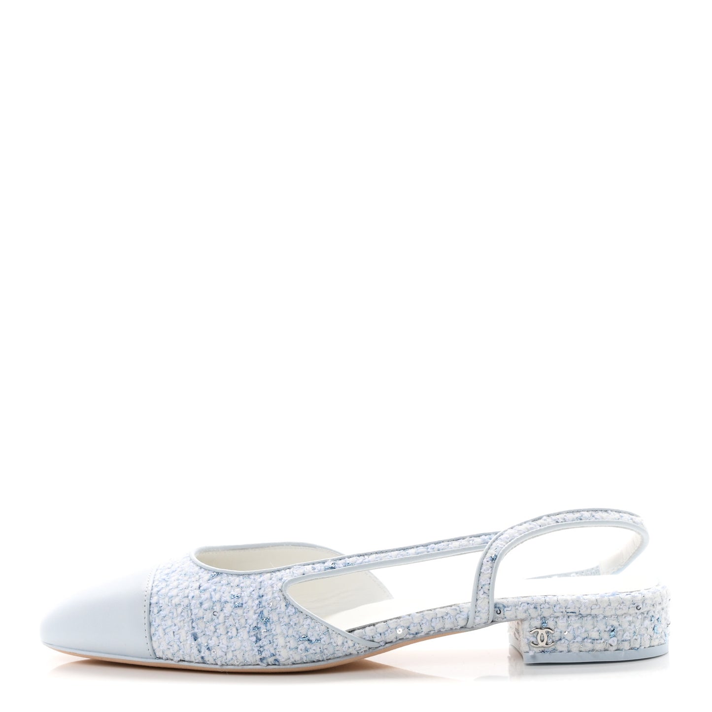 Tweed Lambskin Cap Toe Slingback Flats 39.5 Blue White Silver