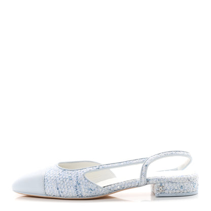Chanel Tweed Lambskin Cap Toe Slingback Flats 39.5 Blue White Silver 1 of 10