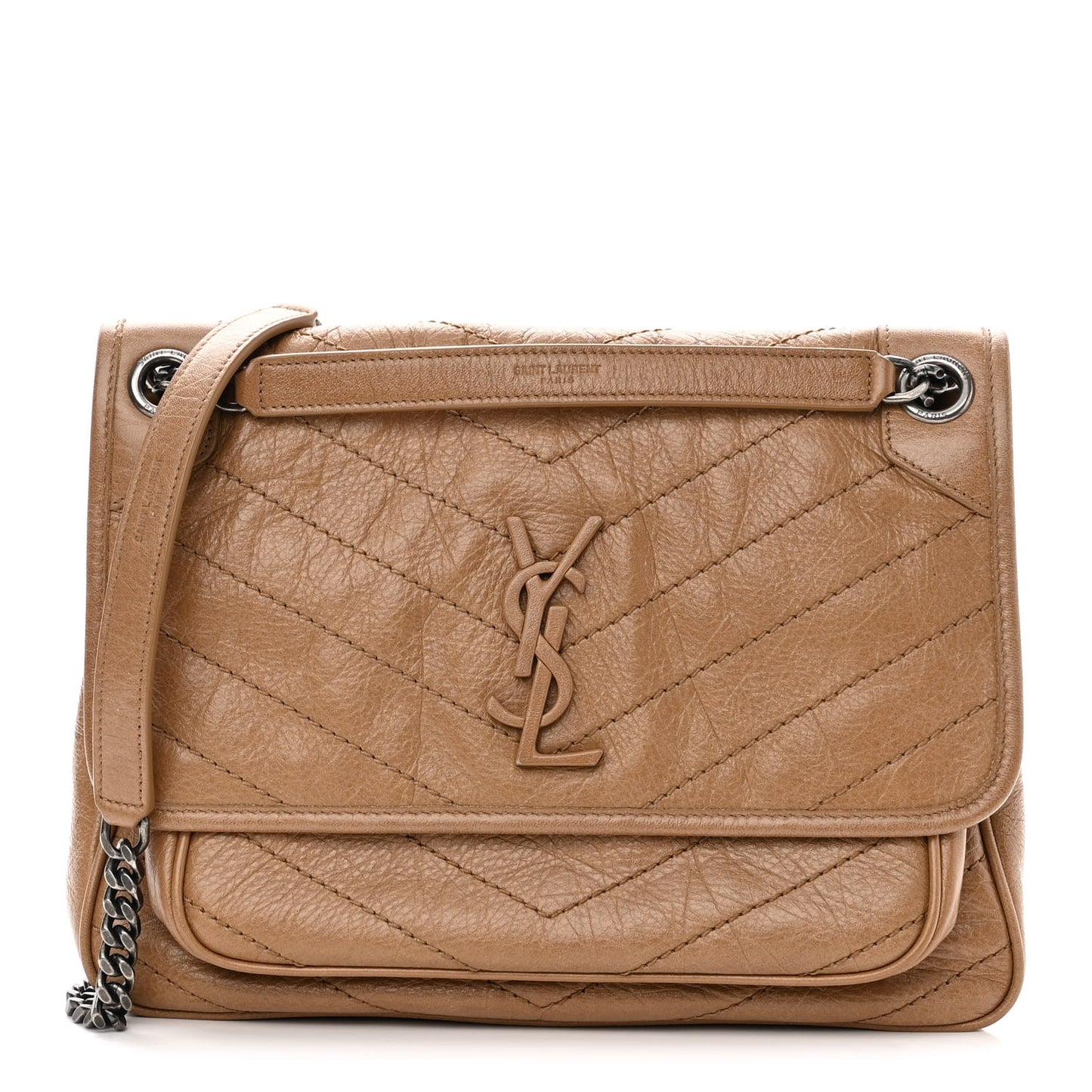 Crinkled Calfskin Matelasse Monogram Medium Niki Chain Satchel Natural Tan