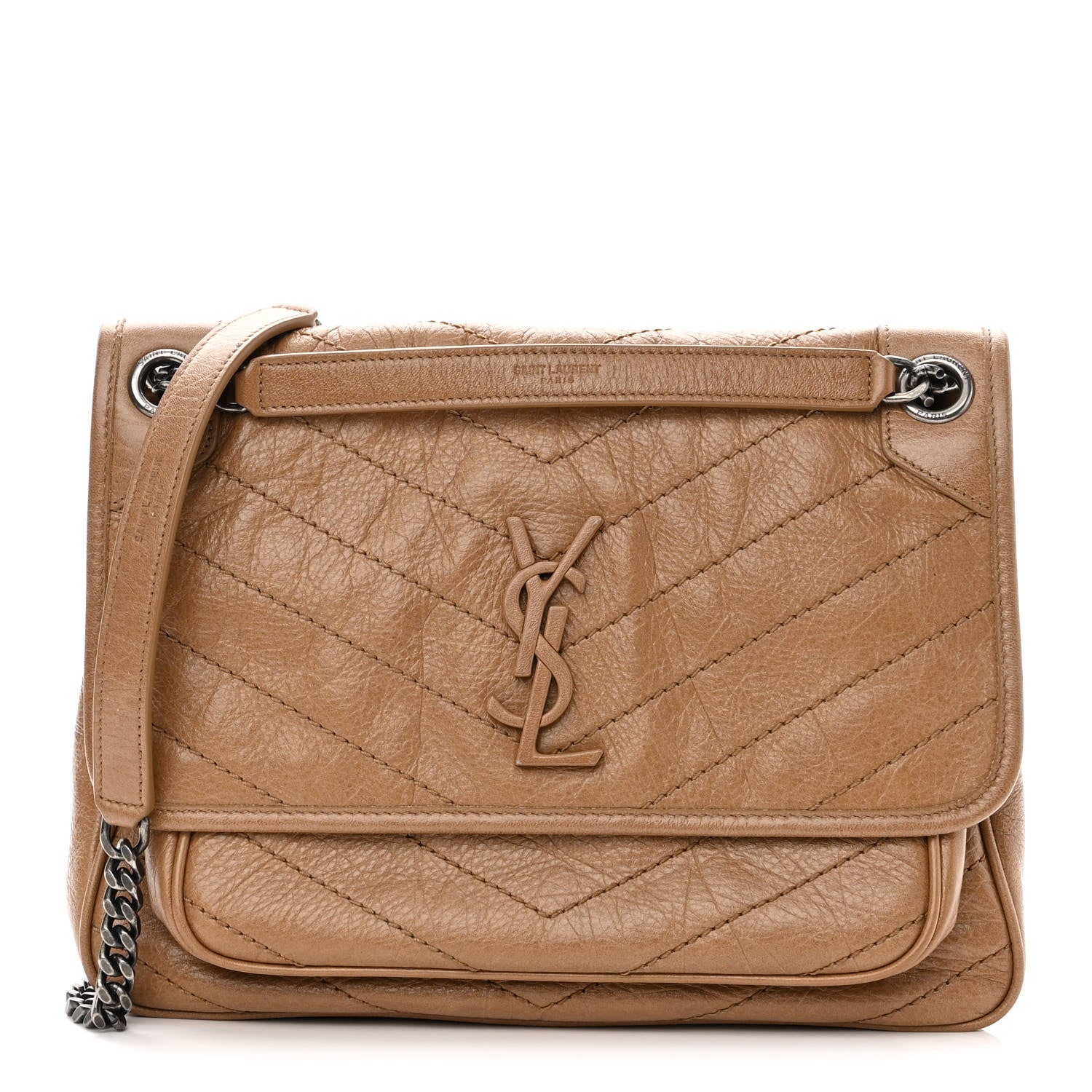 Saint Laurent Crinkled Calfskin Matelasse Monogram Medium Niki Chain Satchel Natural Tan 1 of 13