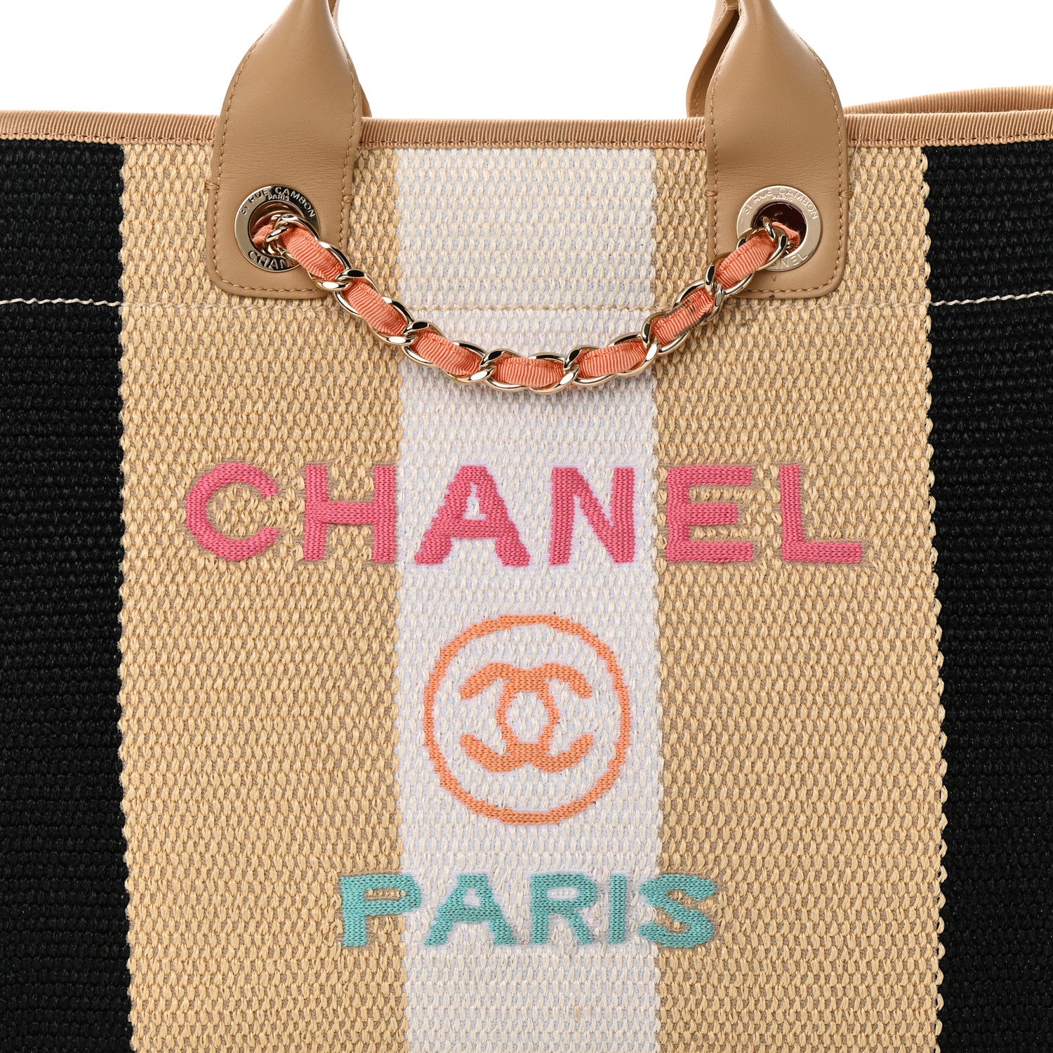 Chanel Straw Raffia Calfskin Striped Medium Deauville Tote Black Beige Ivory 8 of 17