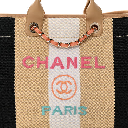 Chanel Straw Raffia Calfskin Striped Medium Deauville Tote Black Beige Ivory 8 of 17