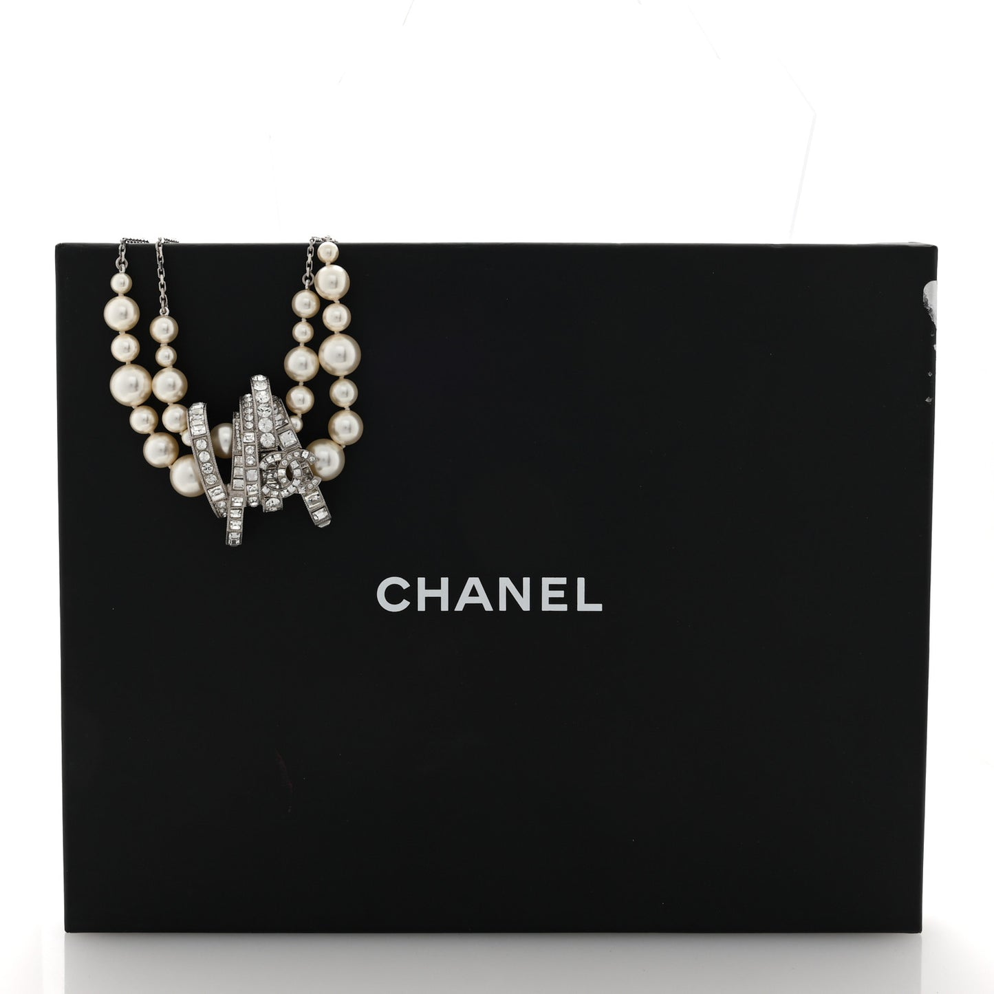Graduated Pearl Crystal CC Long Necklace Silver