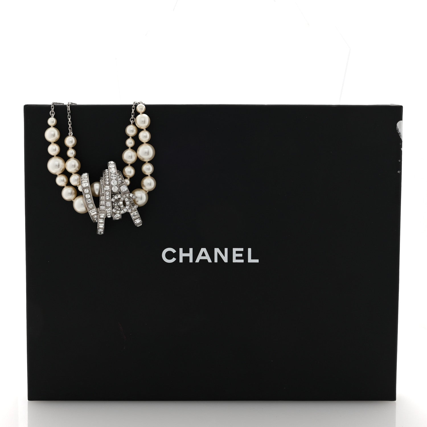 Chanel Graduated Pearl Crystal CC Long Necklace Silver 5 of 5