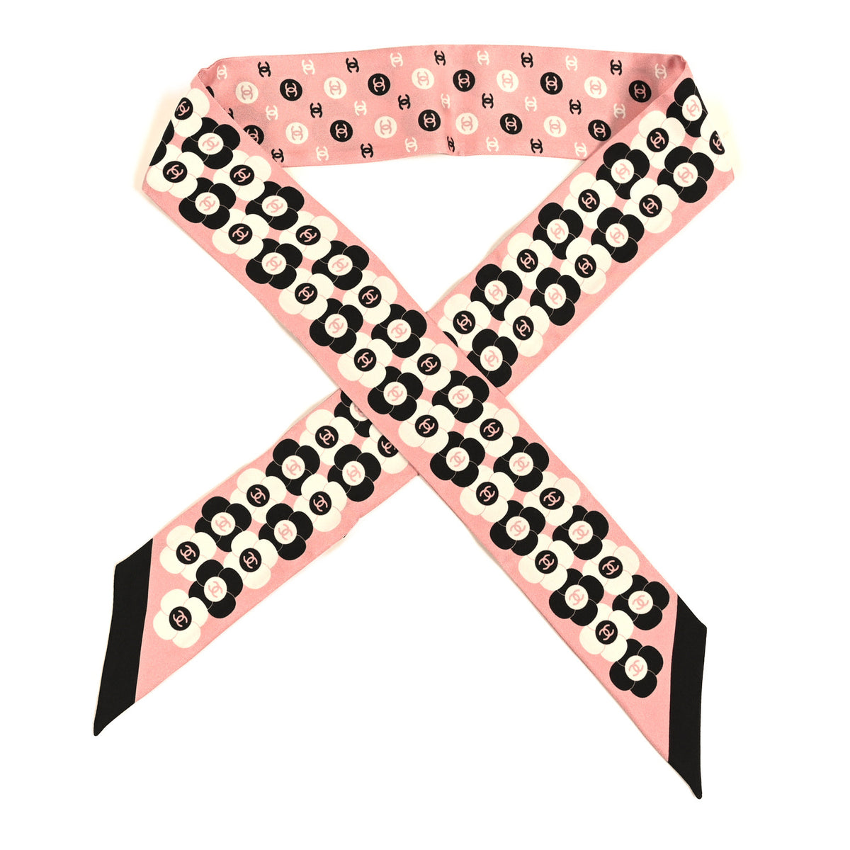 Chanel Silk Slim Reversible Camellia CC Bandeau Scarf Black White Pink 1 of 3