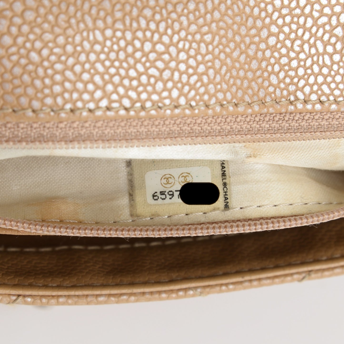 Metallic Caviar Quilted Medium Single Flap Beige