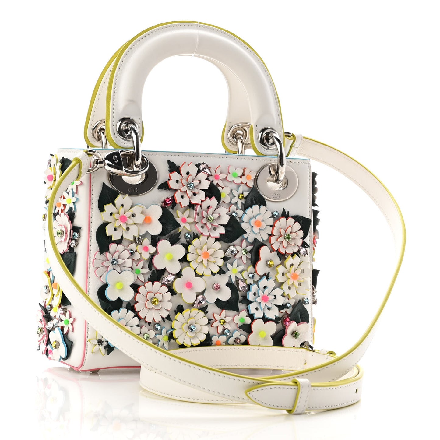 Calfskin Beaded Floral Embroidered Mini Lady Dior White Multicolor