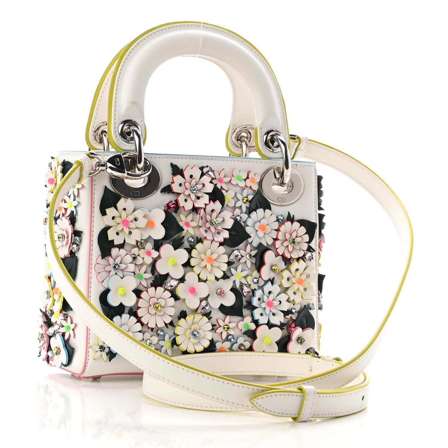 Christian Dior Calfskin Beaded Floral Embroidered Mini Lady Dior White Multicolor 2 of 9