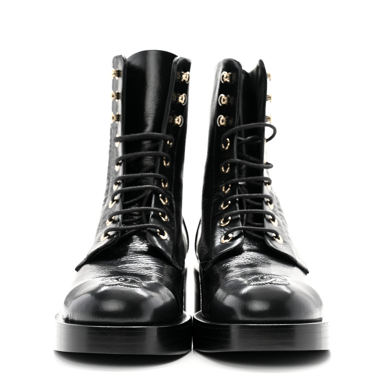 Chanel Shiny Goatskin Cap Toe Combat Boots 36.5 Black 2 of 10
