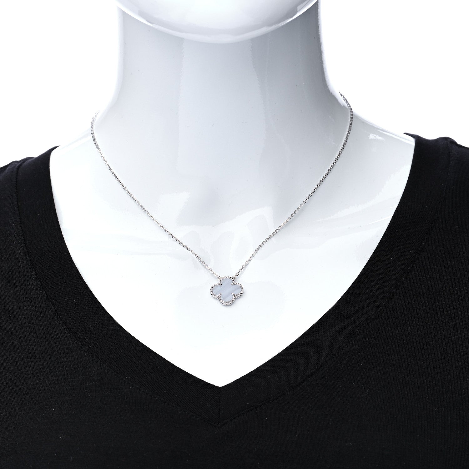 Van Cleef & Arpels 18K White Gold Chalcedony Vintage Alhambra Pendant Necklace 2 of 7
