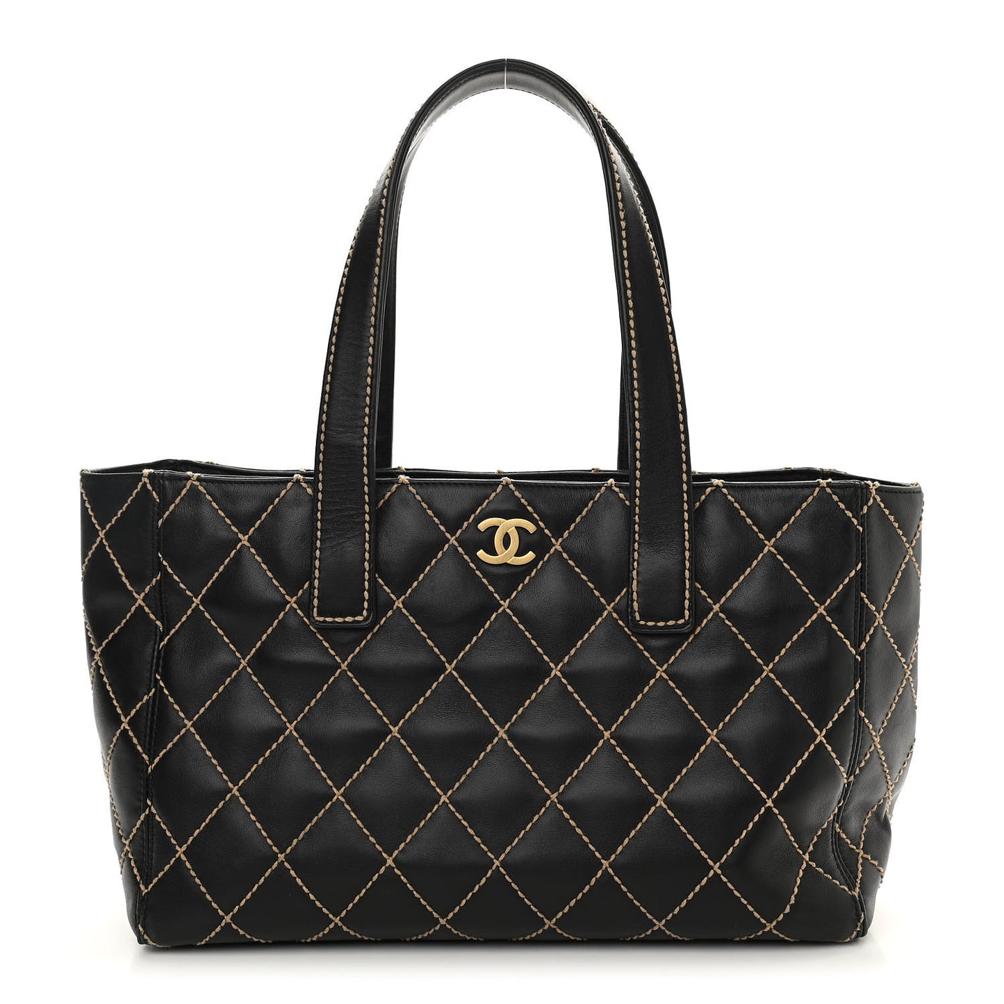 Calfskin Contrast Stitch Surpique Tote Black