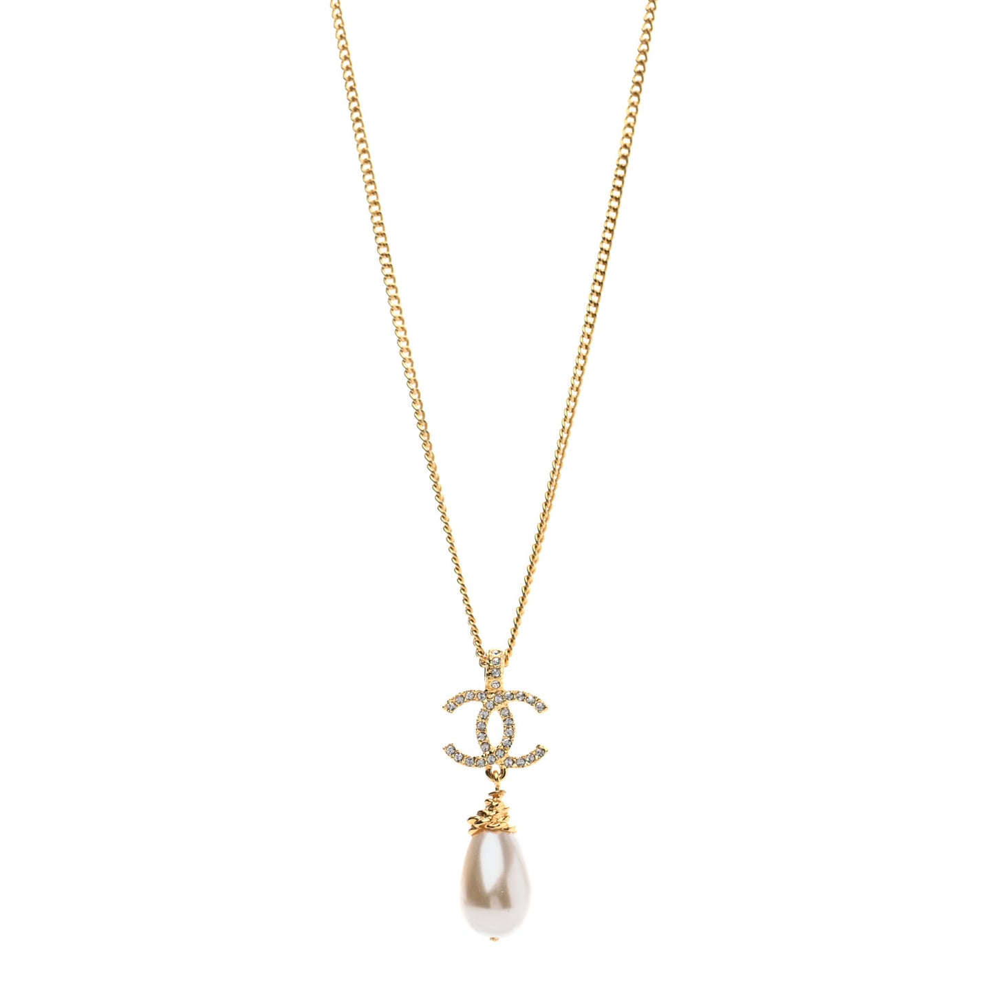 Pearl Crystal Twisted CC Drop Necklace Gold