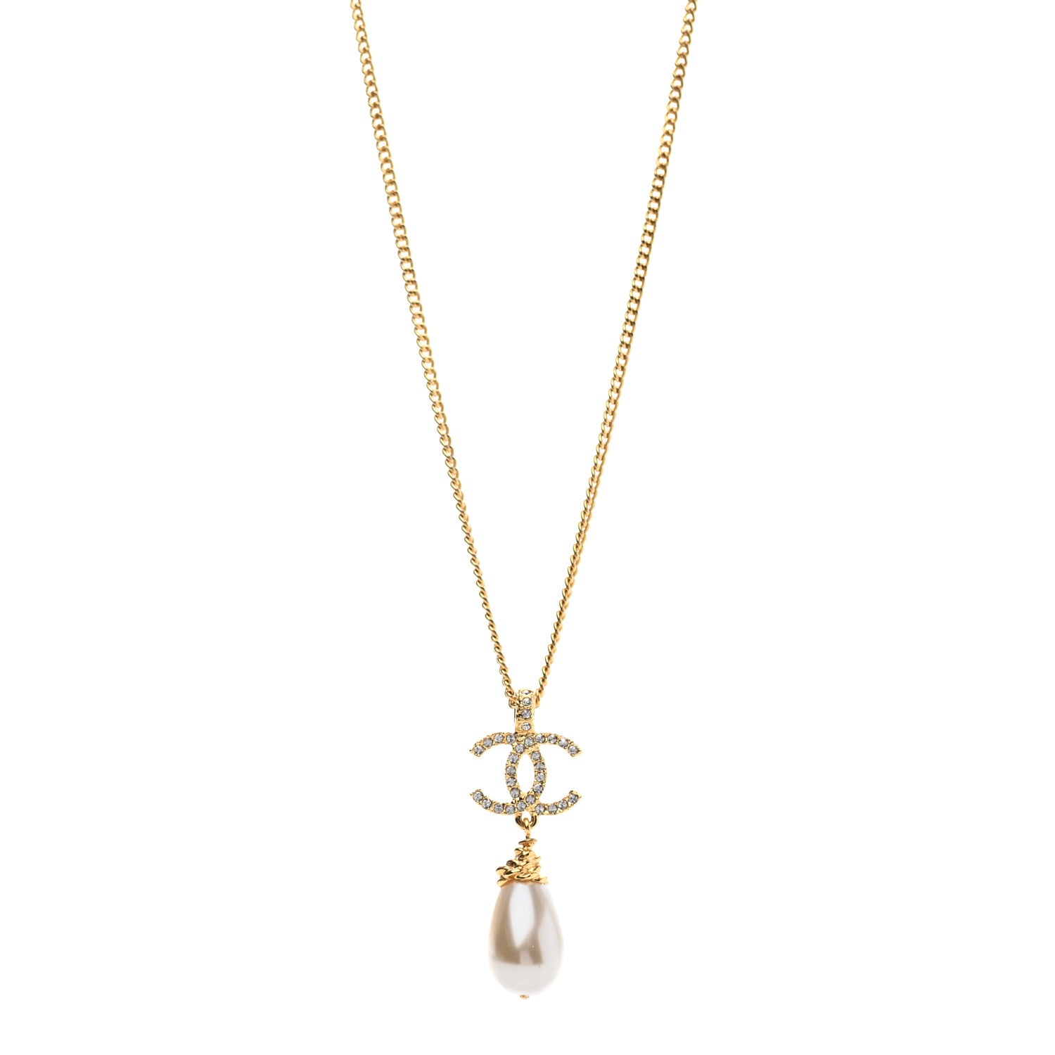 Chanel Pearl Crystal Twisted CC Drop Necklace Gold 1 of 7
