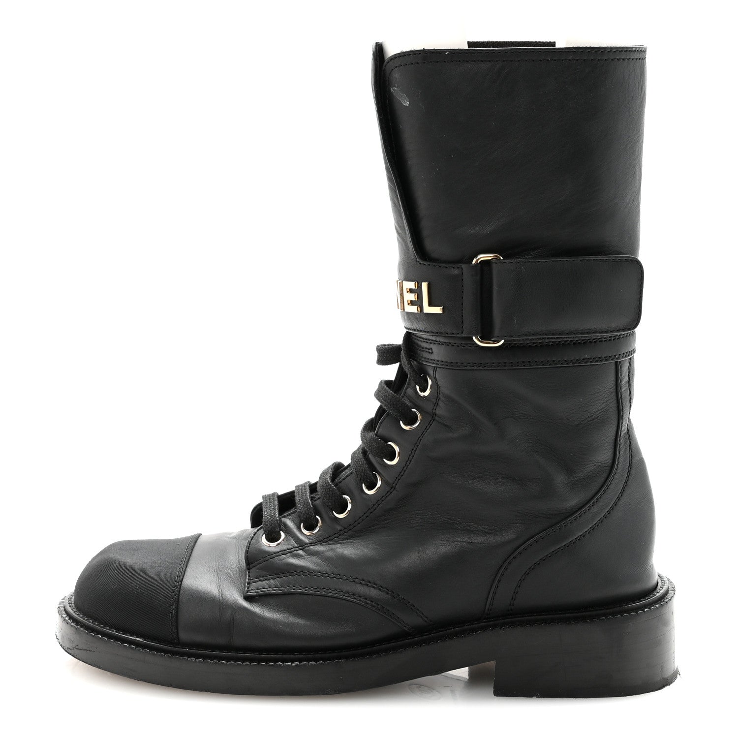 Chanel Shiny Calfskin Lace Up Combat Boots 37 Black 1 of 16