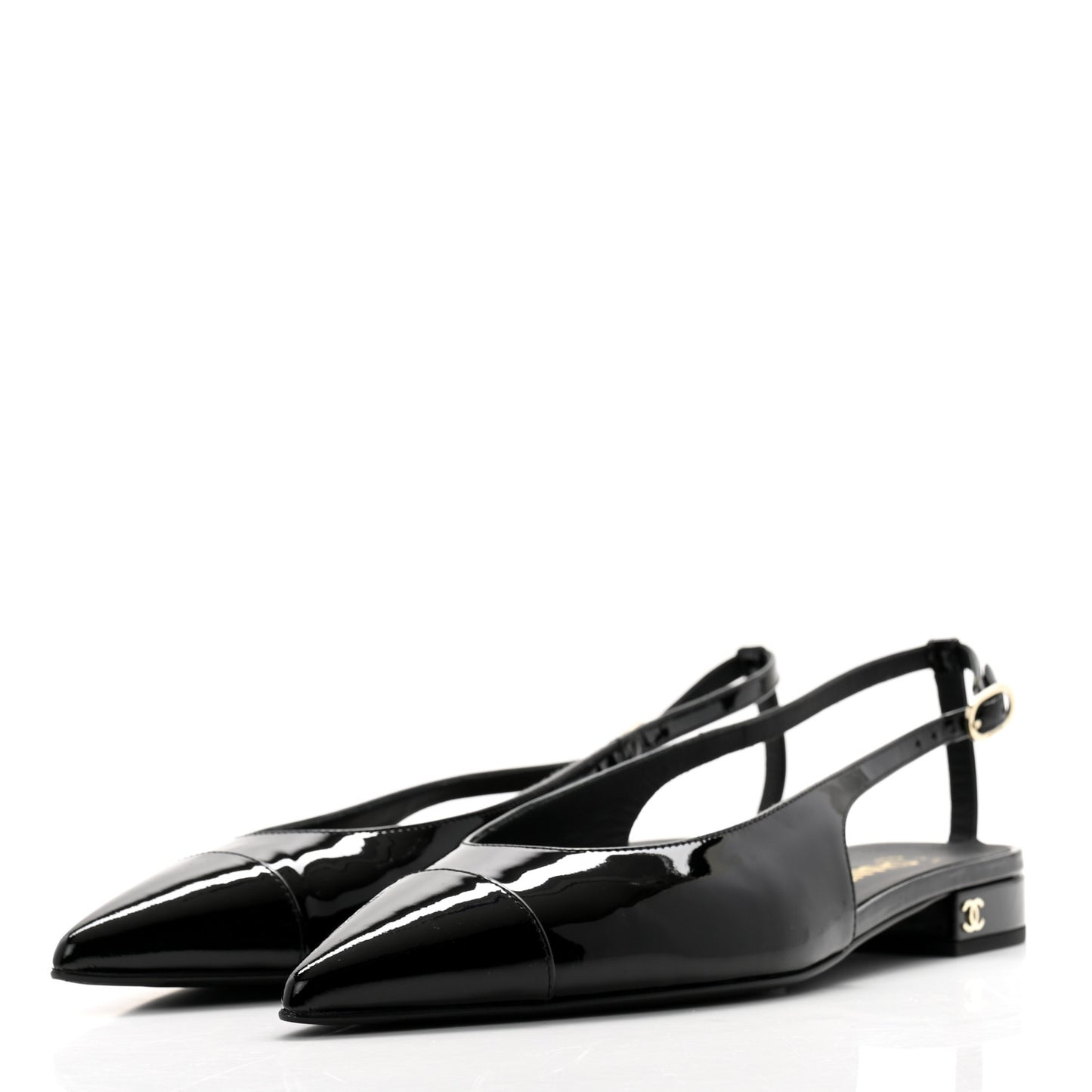 Patent Calfskin Cap Toe Slingback Flats 39 Black