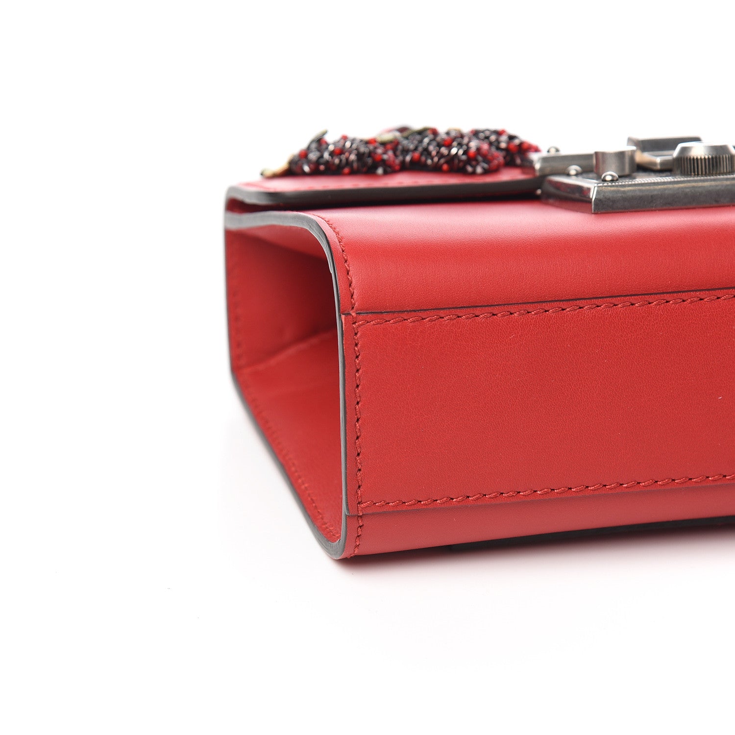 Gucci Calfskin Bee Embroidered Small Padlock Shoulder Bag Hibiscus Red 7 of 9
